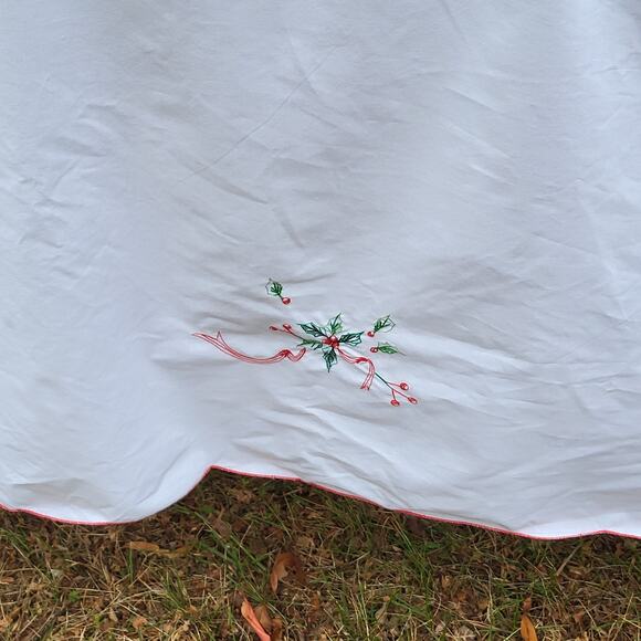 Christmas Hand Stitched Cotton Linen Rectangle Table Cloth Holly Ribbon 66"x174" - Picture 3 of 11
